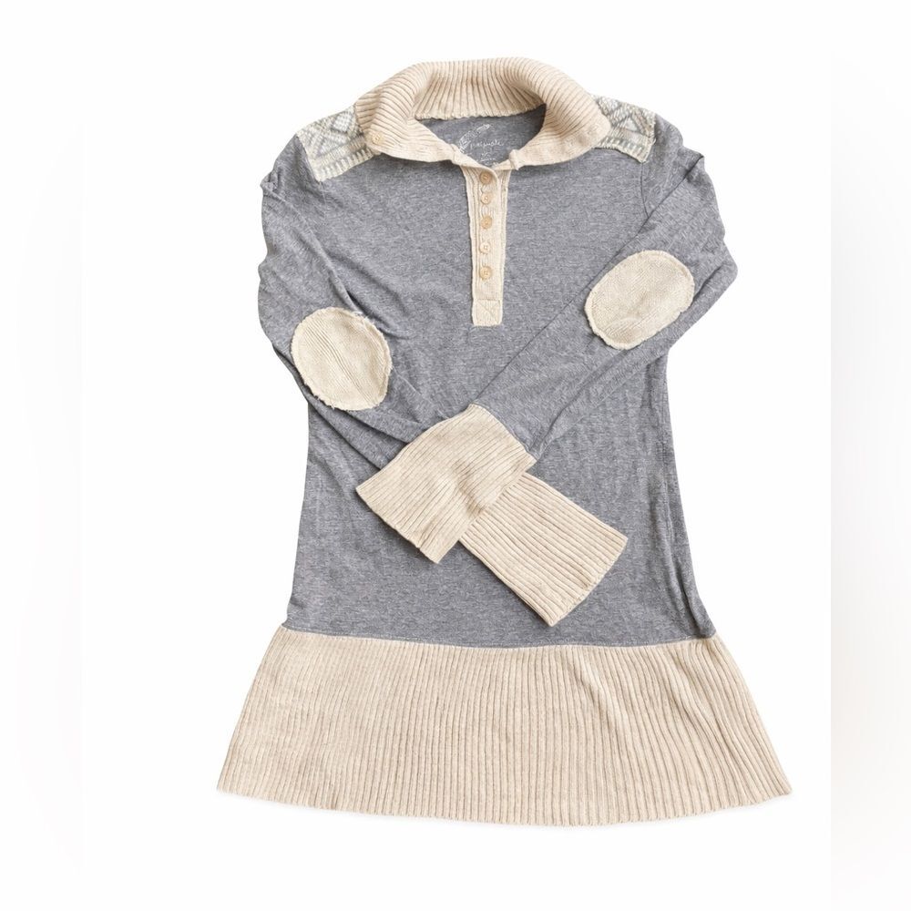 Free People Gray & Oatmeal Knit Henley Tunic Top | Elbow Patches | Size Small